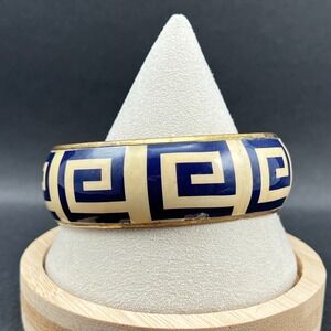 Vintage Bangle Bracelet Greek Key Navy Blue Cream Geometric 8.5"